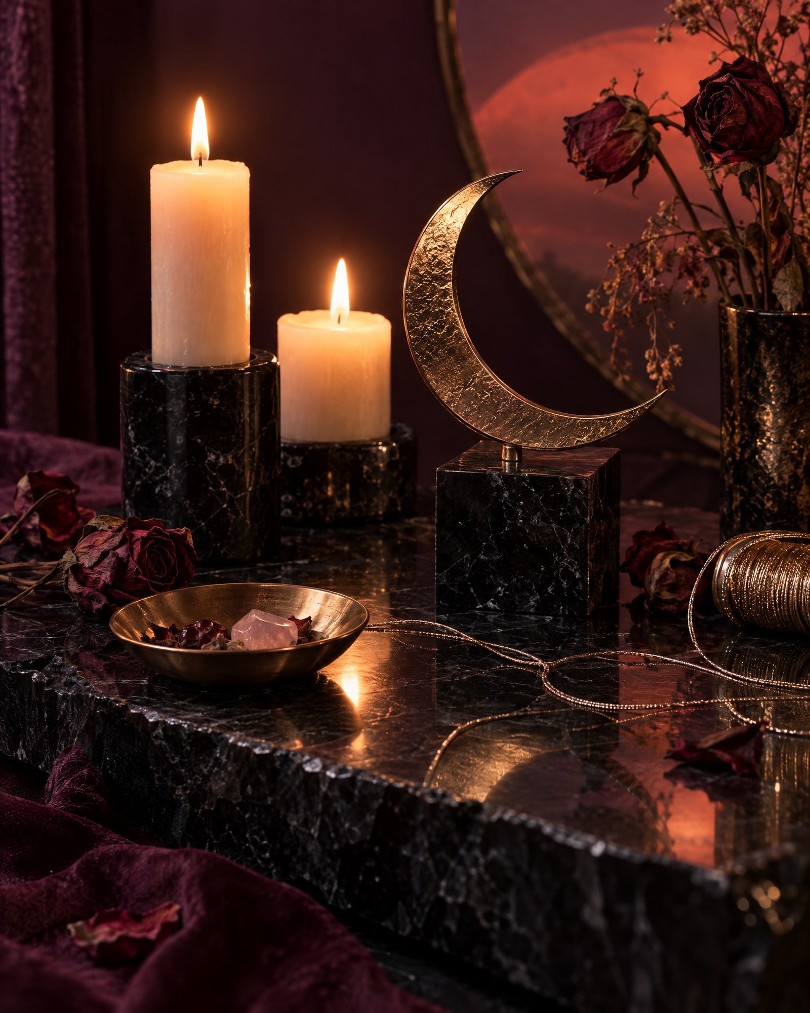 Altar elegante con velas, rosas y detalles dorados